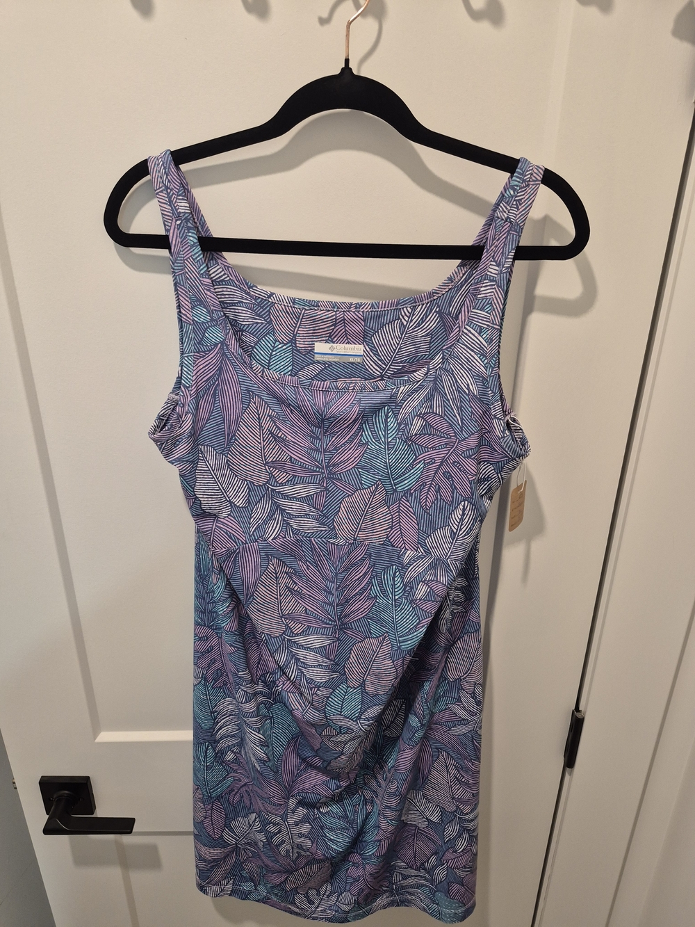 Sleeveless Leaf-Print Mini Dress in Purple & Teal